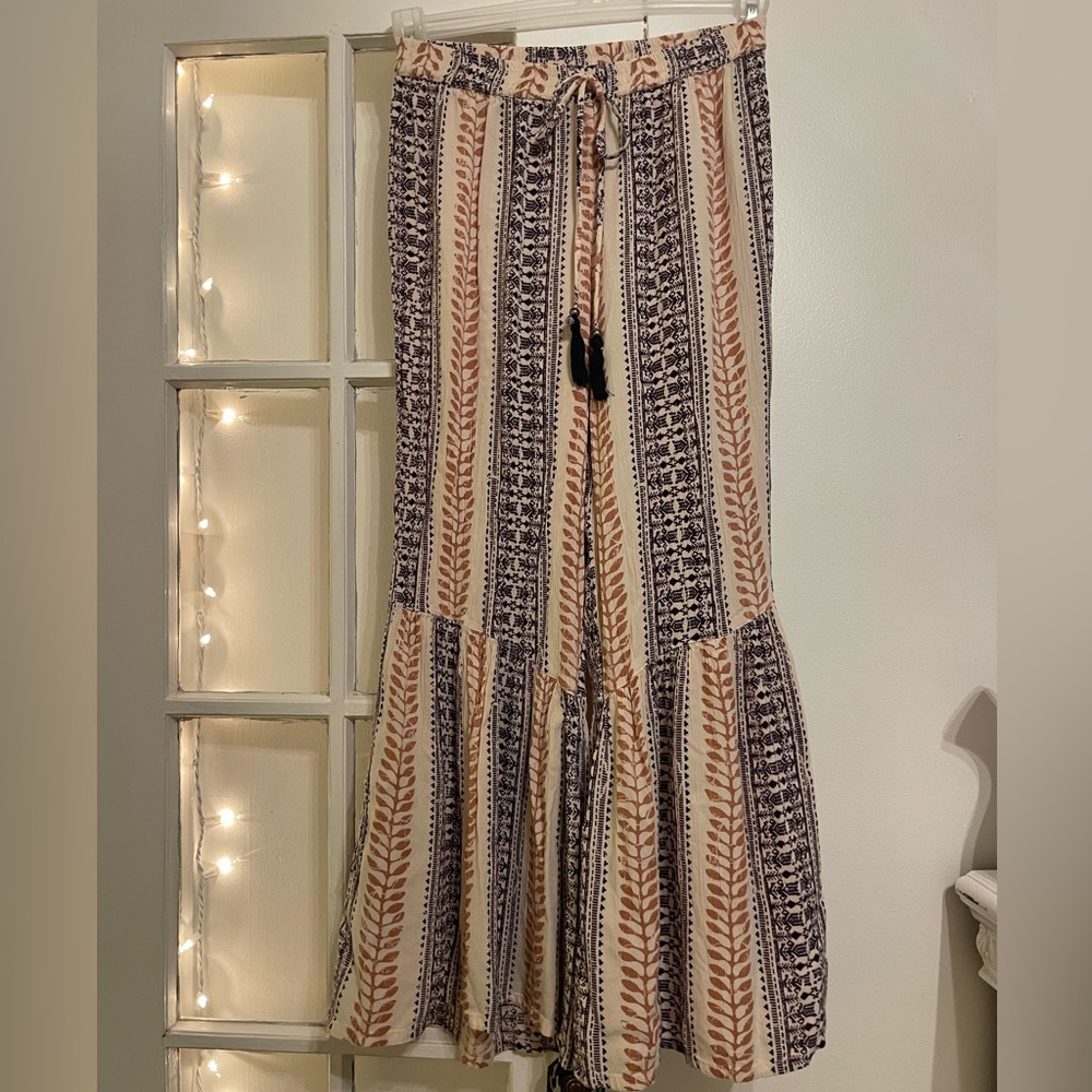 Wide Leg Printed Palazzo Pants - Cream, Navy & Tan